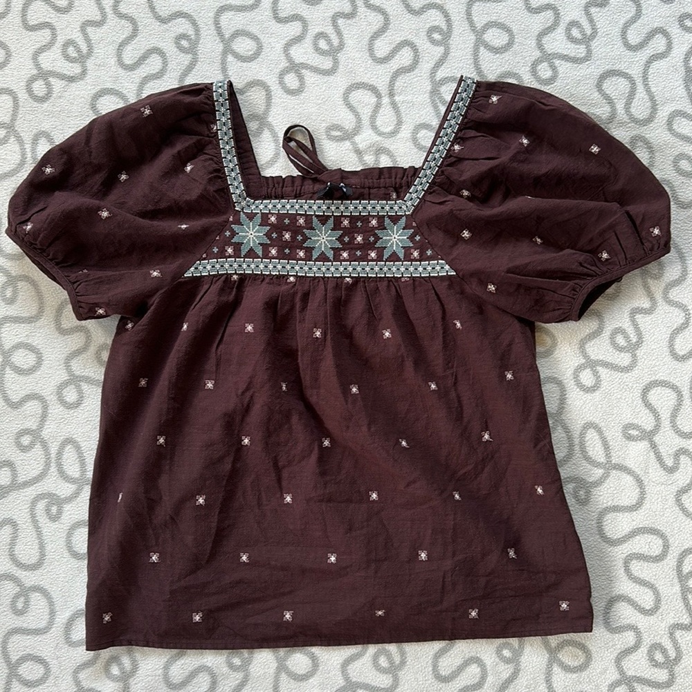 Madewell Embroidered Crinkle Cotton Bubble-Sleeve Top